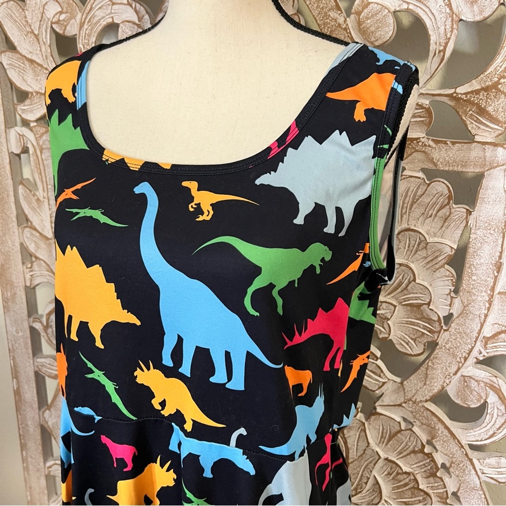 Black with Colorful Dinosaur Print Skater Dress - Picture 3 of 4